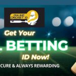 Promotional cricket banner featuring a stadium field at night with a cricket bat, ball, and stumps on the side. The image displays the Online Cricket ID logo and the text “Get Your IPL Betting ID Now – Fast, Secure & Always Rewarding,” promoting access to betting for the Indian Premier League.