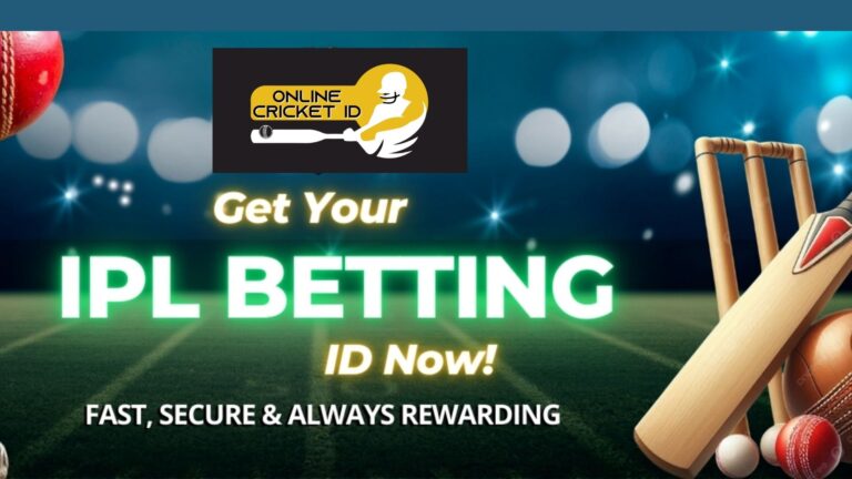 Promotional cricket banner featuring a stadium field at night with a cricket bat, ball, and stumps on the side. The image displays the Online Cricket ID logo and the text “Get Your IPL Betting ID Now – Fast, Secure & Always Rewarding,” promoting access to betting for the Indian Premier League.